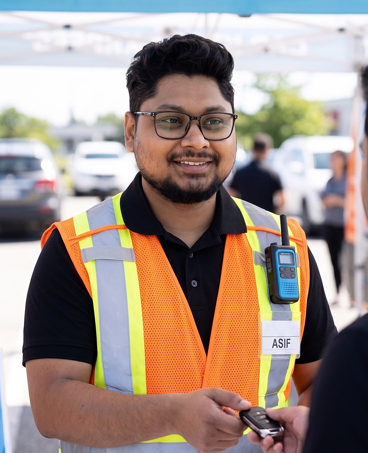 An Asorin Management technician handing a freshly programmed car key fob to a customer