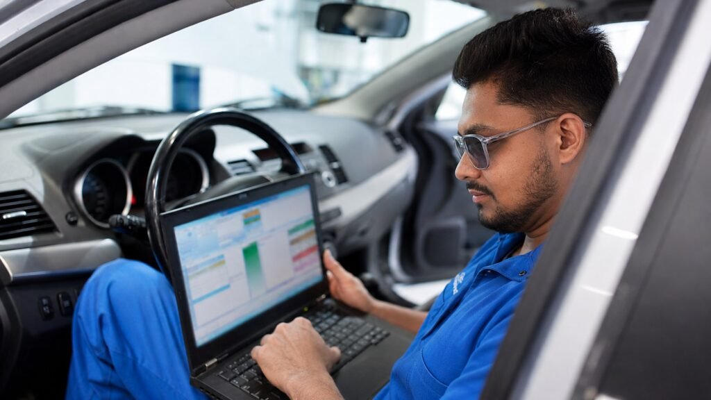 A technician programming a replacement car key with diagnostic software inside a vehicle